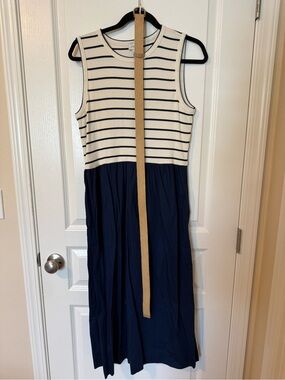 J. Crew Navy and Cream Striped Knit Midi Dress